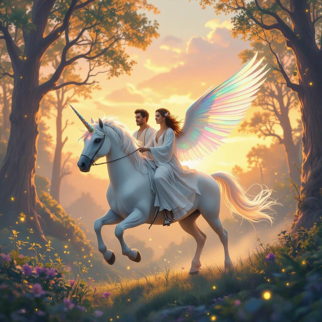 Couple on Unicorn Soaring over Whimsical Forest