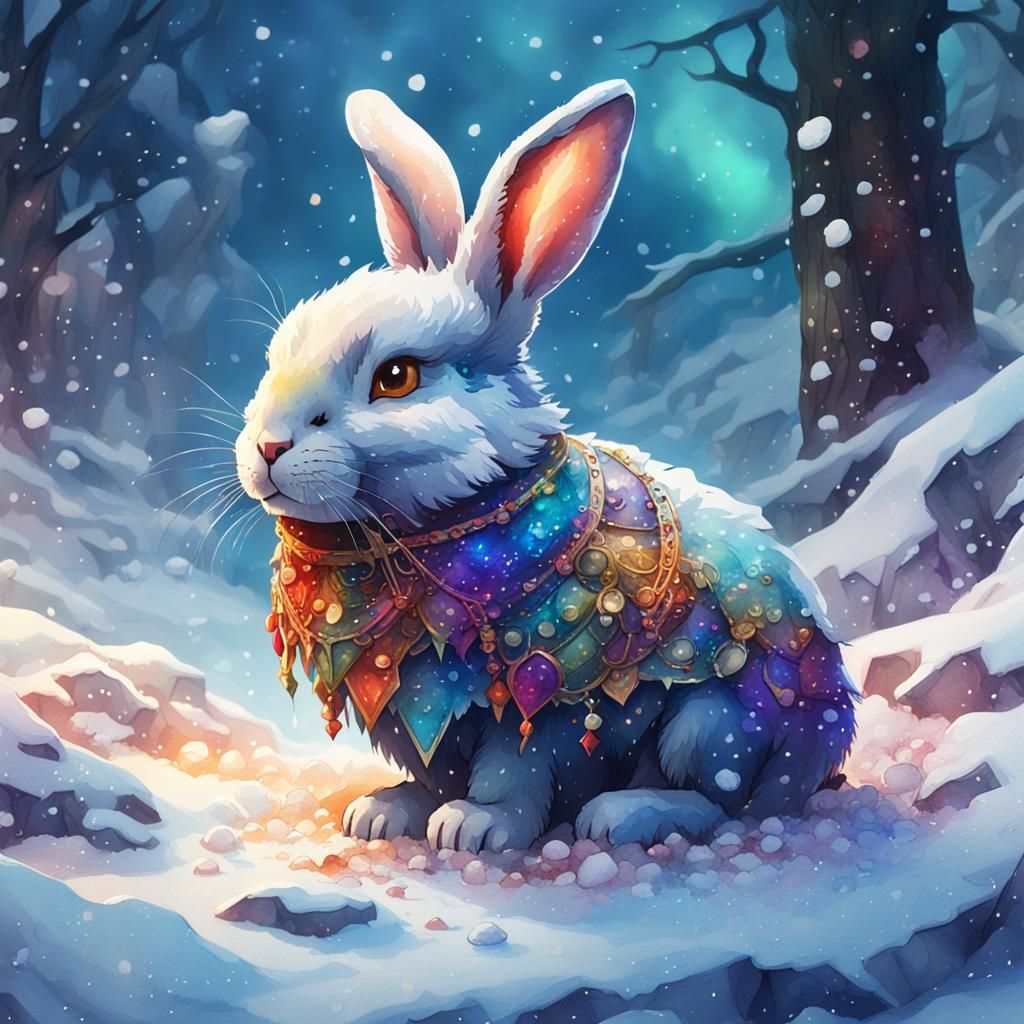 Vibrant Watercolour Bunny in Whimsical Winter Wonderland