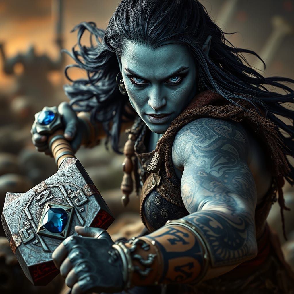 Half-Orc Woman Charging into Battle, Intense Portrait