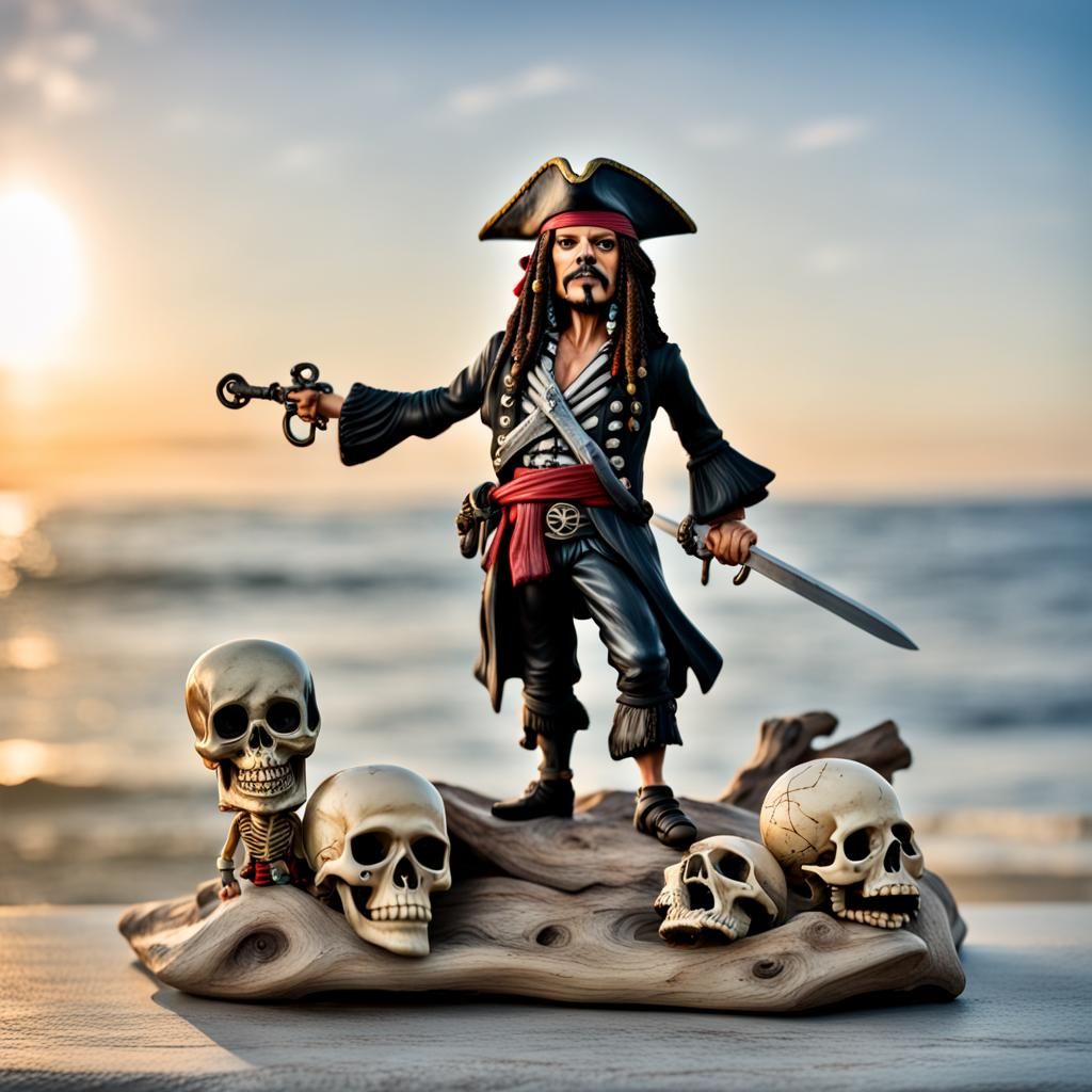 Pirate Bobbleheads in a Stormy Ocean Scene