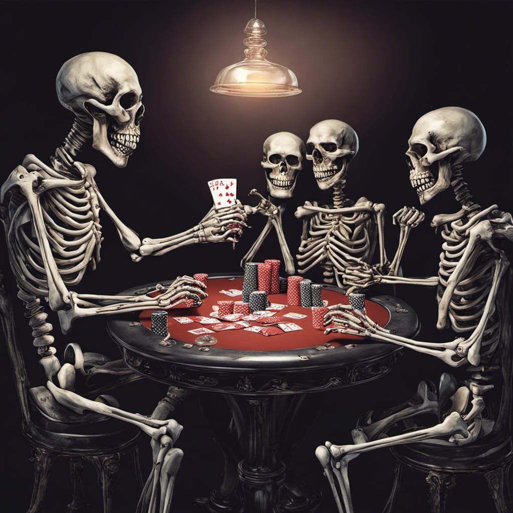 Surreal Melting Skeletons Play Poker in Dark Humorous Scene
