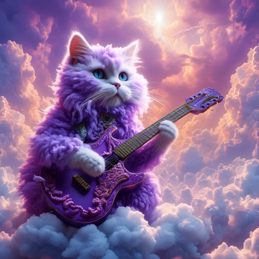 Dreamy Cloud Cat Plays Guitar in a Vibrant Heaven Scene