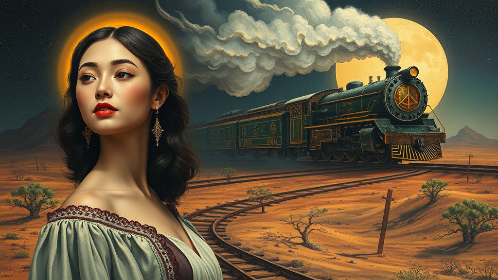 Surreal Art Deco Train Unfolds in a Dreamlike Landscape