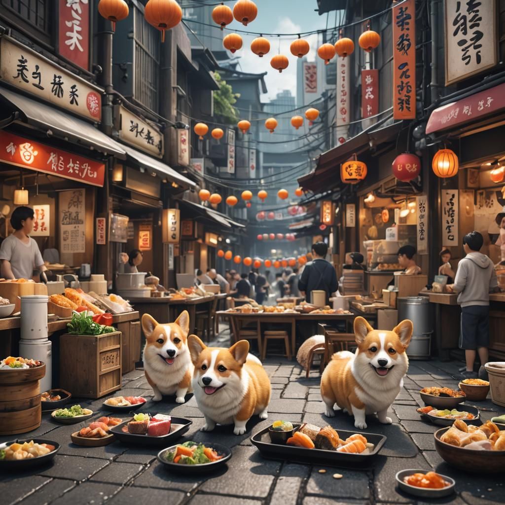 Cute Corgi Surrounded by Vibrant Street Foods in Fantasy Jap...