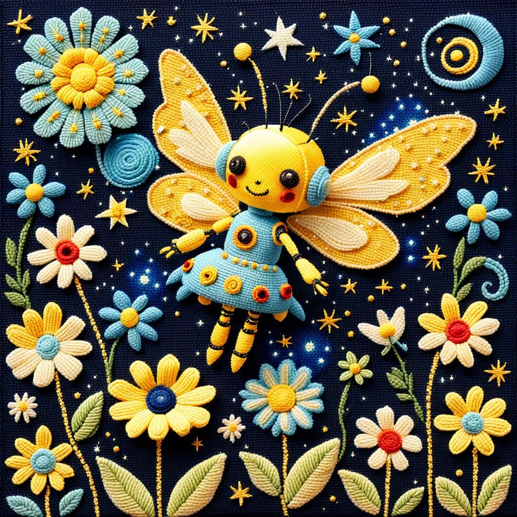 Whimsical Yellow Robot Fairy in Starry Night Sky Needlepoint...