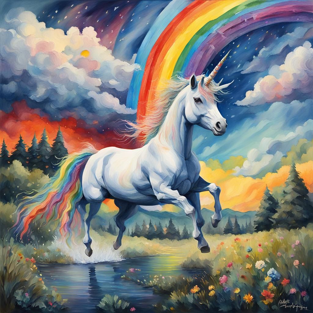 Enchanted Unicorn Rides Stormy Skies in Vibrant Impressionis...