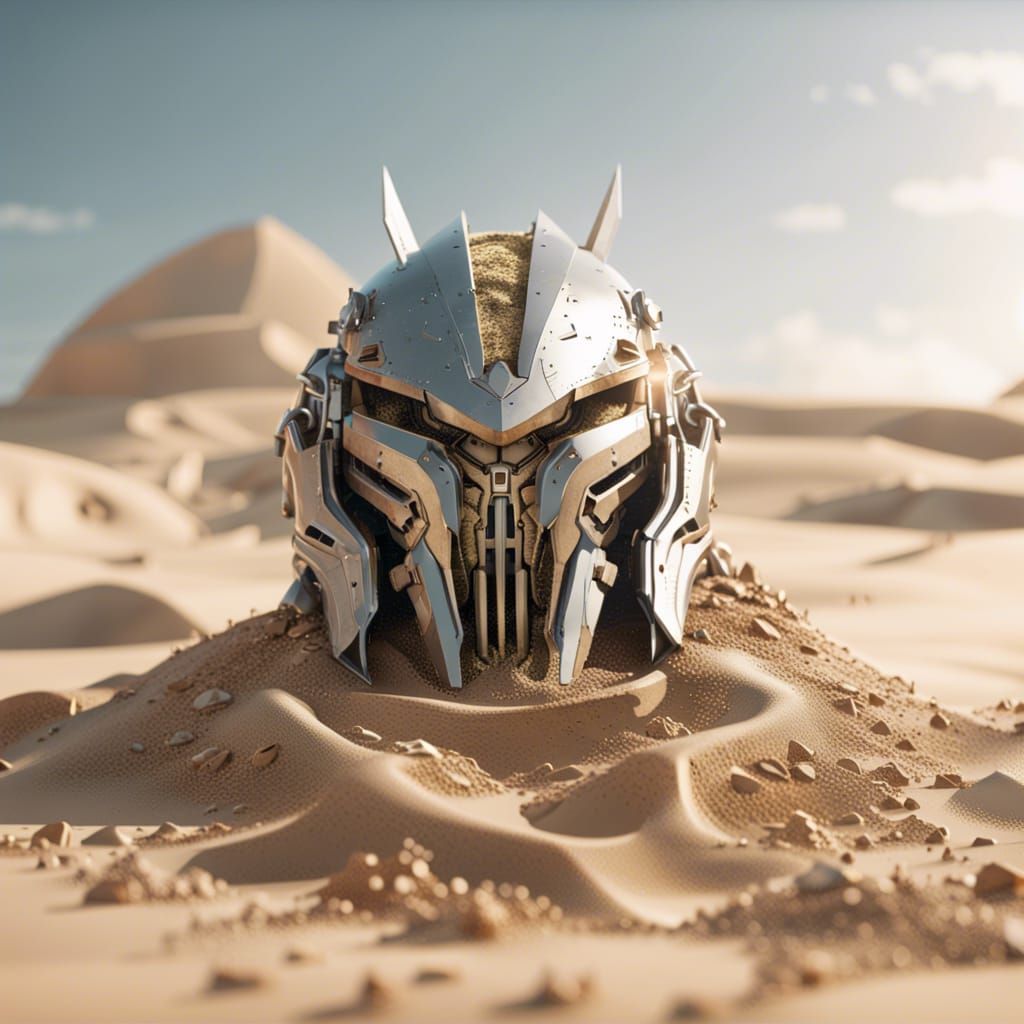 Stone helmet with two swords in sink sand