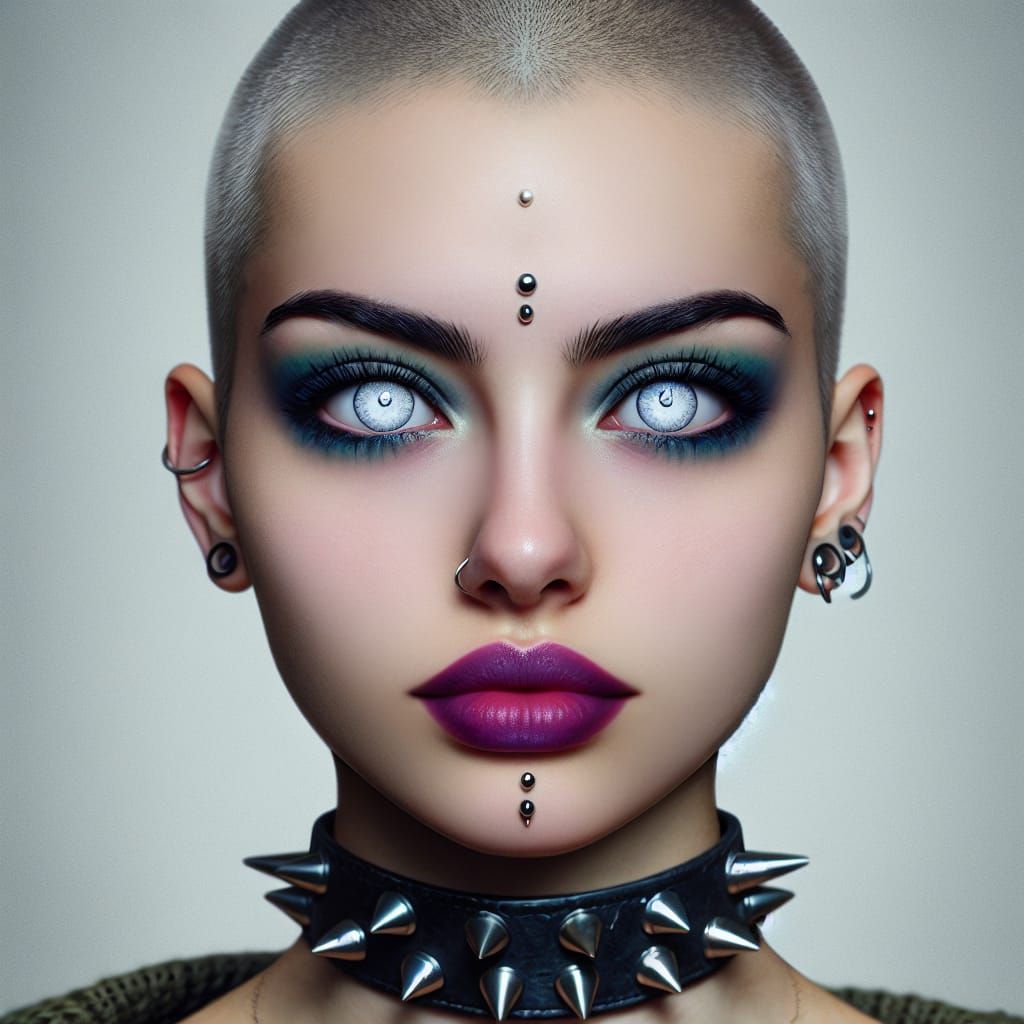 Woman with White Eyes, Bold Makeup and Leather Necklace