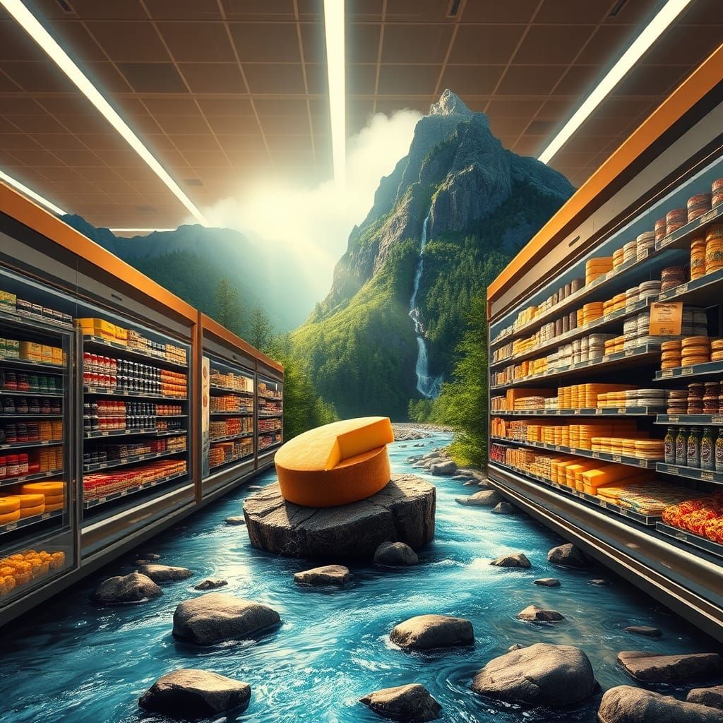 Mountain Meets River in Supermarket, with Artisanal Cheese