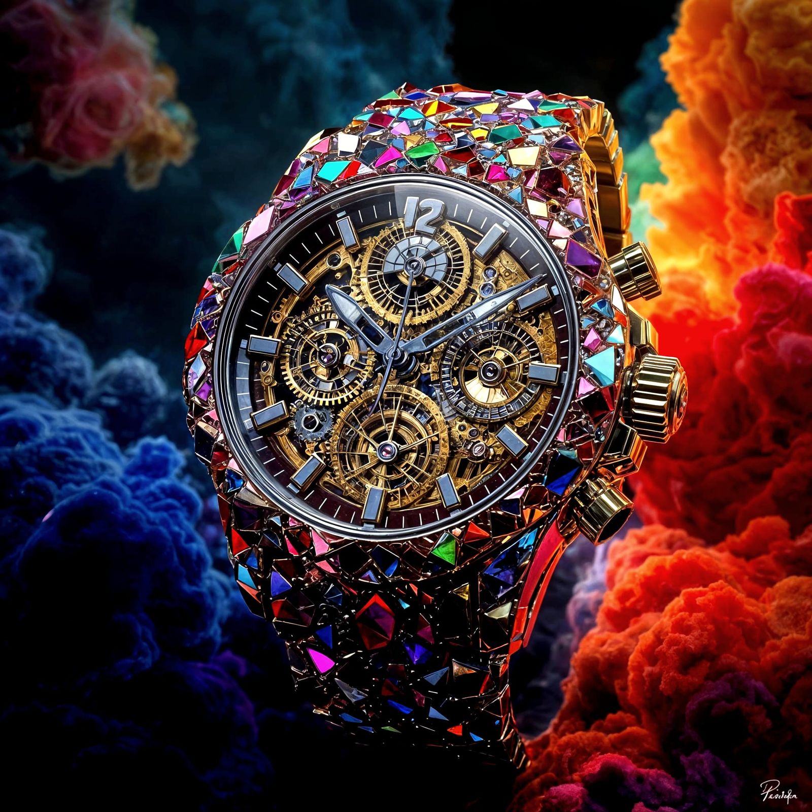 Steampunk Gemstone Watch in Hyperrealistic Splash Art