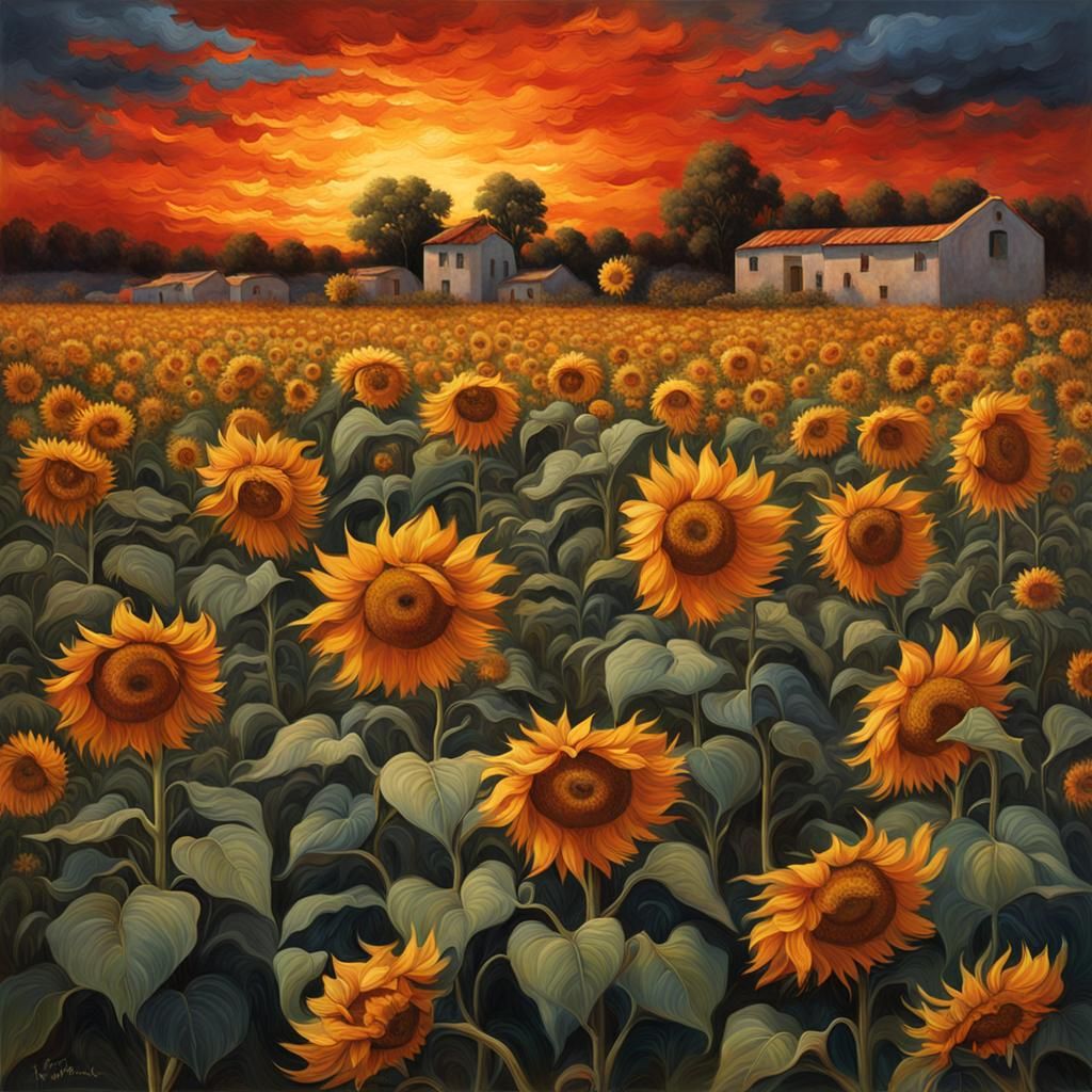Surreal Sunlit Field of Yellow Sunflowers at Dusk