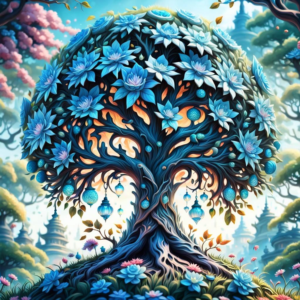 Intricate Floral Fantasy Tree in Hyperdetailed Surrealism St...