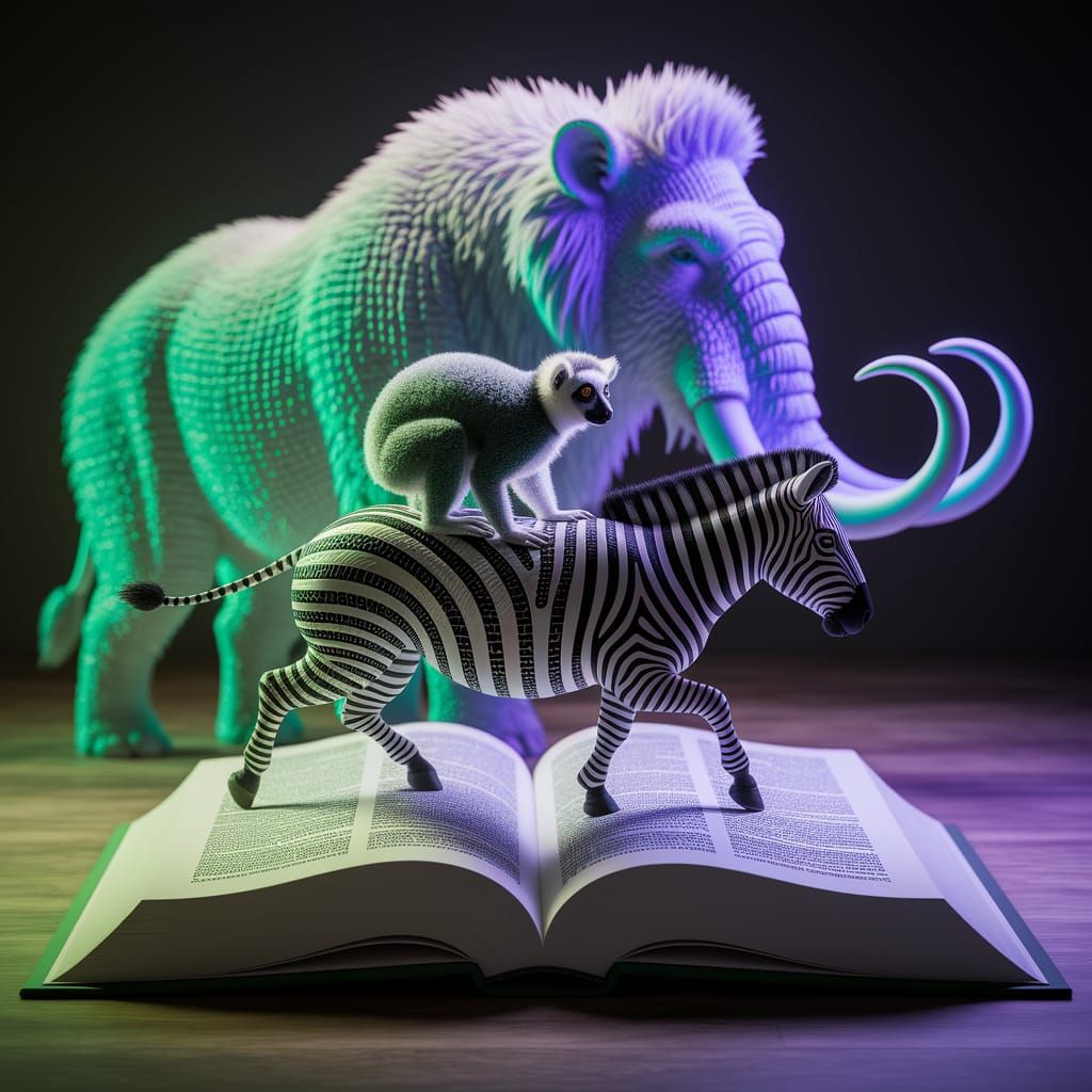 Whimsical Binary Code Art: Book, Animals, and Mammoth