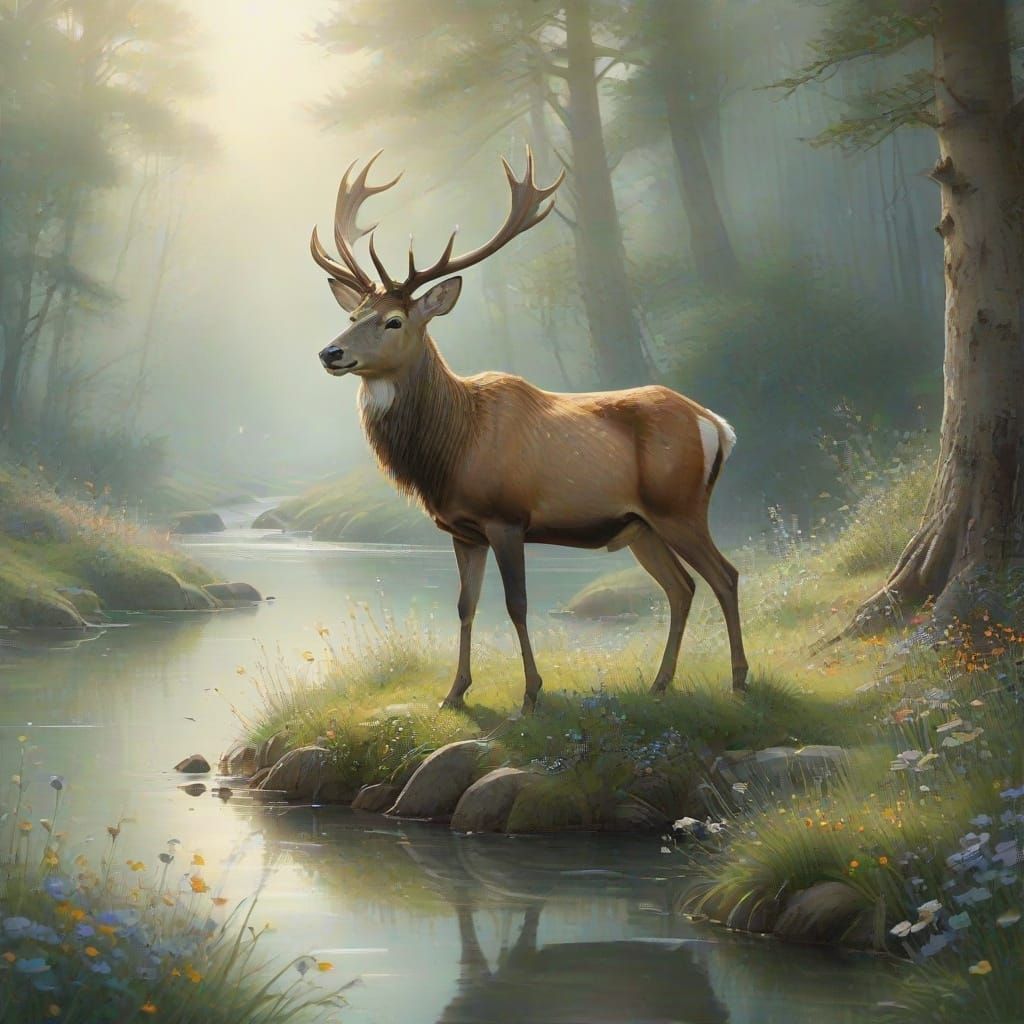 Mushroom Antler Stag in Ethereal Forest Illustration