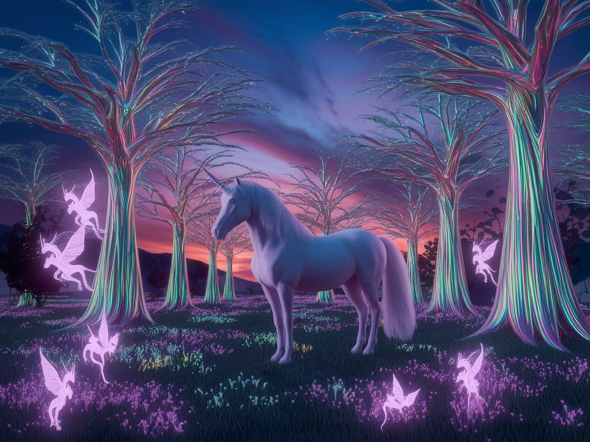 Surreal Unicorn in Iridescent Forest under Vibrant Twilight