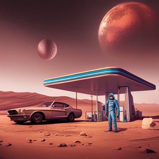 Retro Mars Gas Station Scene with Space Suit-clad Mustang Ow...