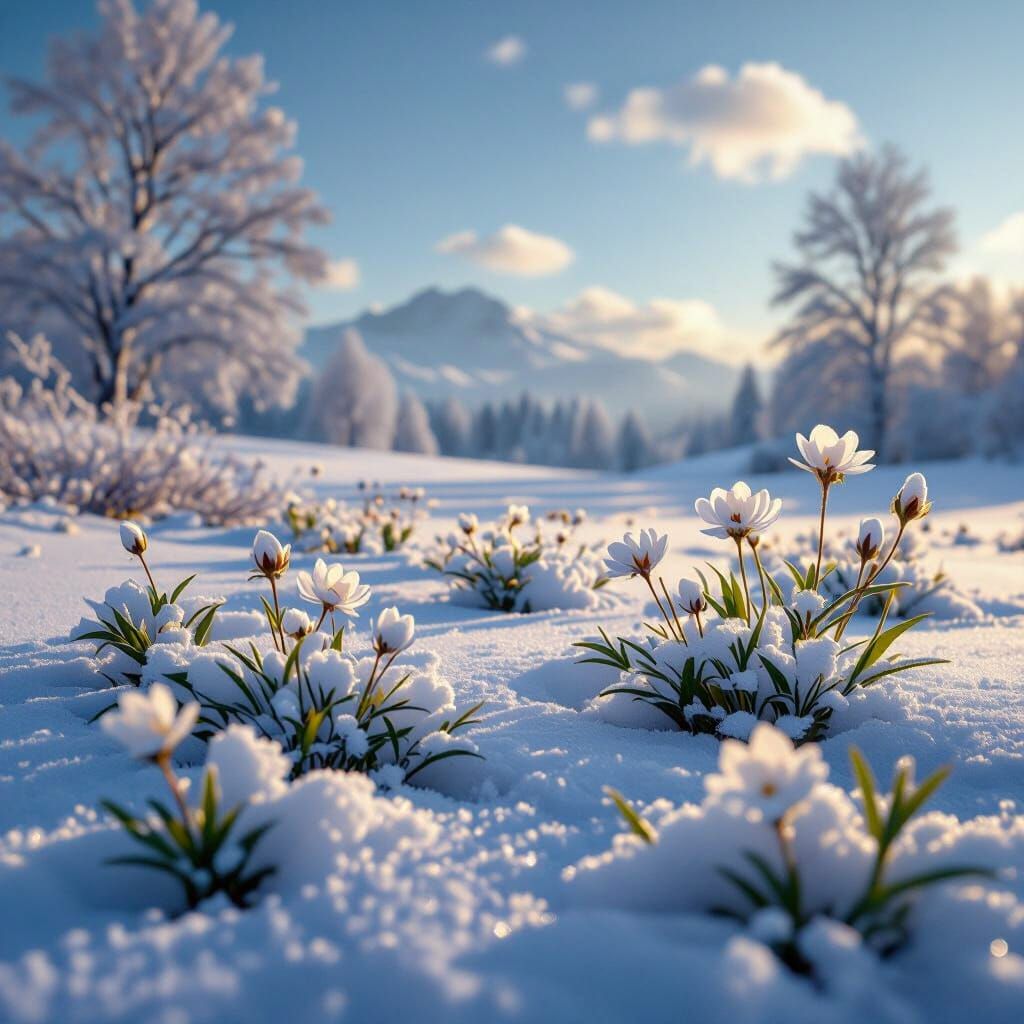 Spring Blooms Meet Winter Snow in Ethereal Landscape