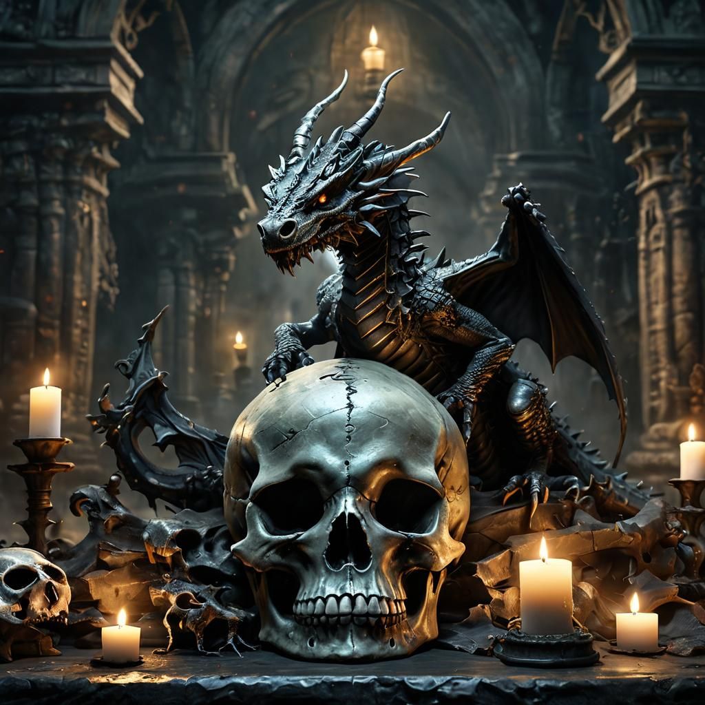 Gothic Dragon on Human Skull in Eerie Dark Atmosphere