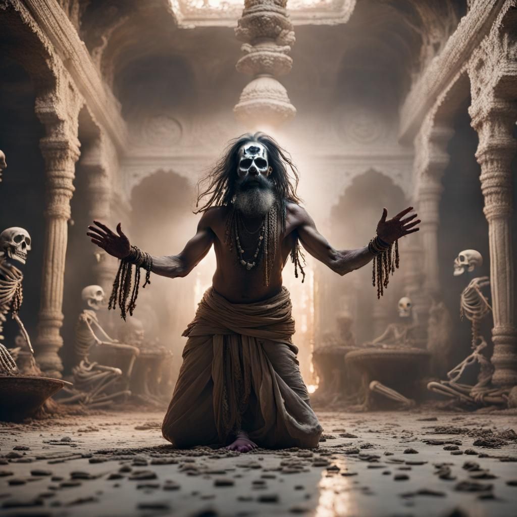 Surreal Aghori Sadhu Dance Scene in Dark Mystical Digital Ar...