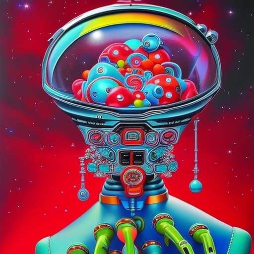 Cyberpunk Candy Goddess Calculates Man's Chances