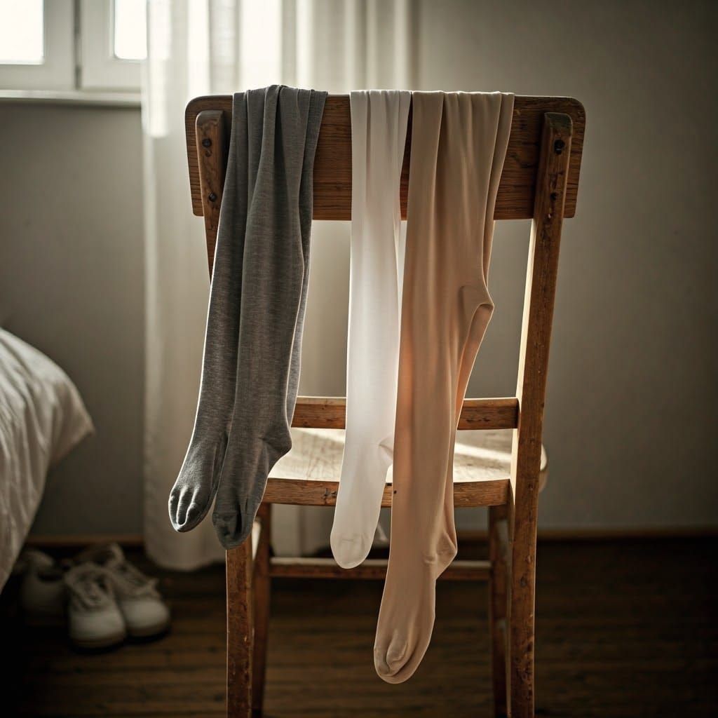 Grey White Beige Tights Dangle Serenely Over Chair