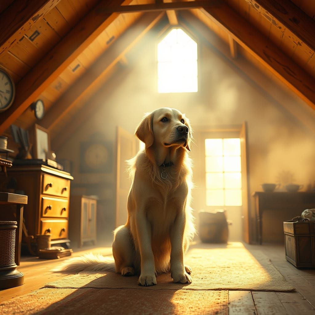 Golden Retriever in Rustic Futuristic Attic Sanctuary