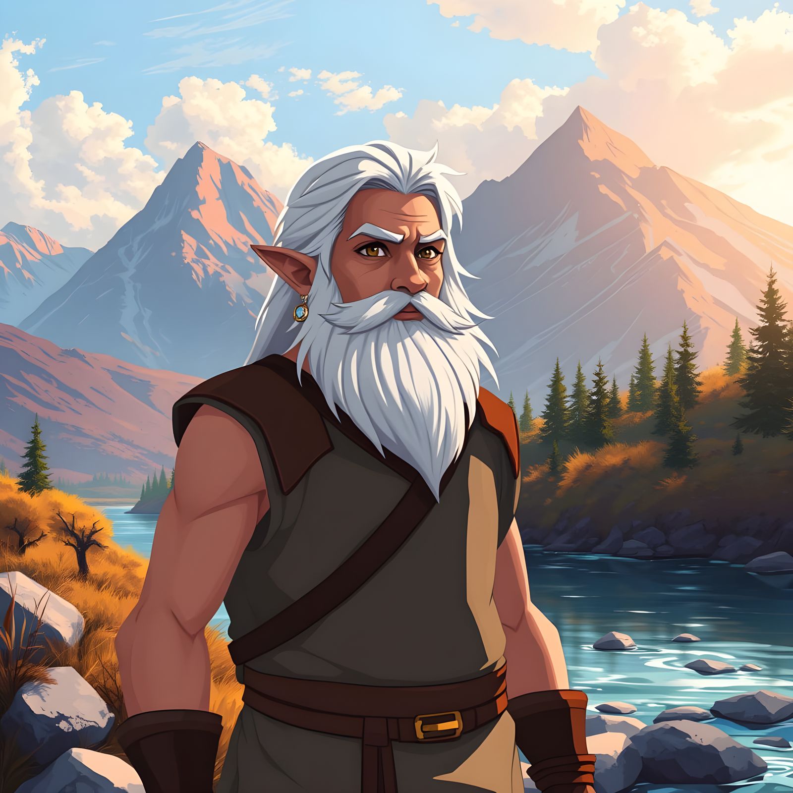 White-Haired Dwarf by River in Anime Style