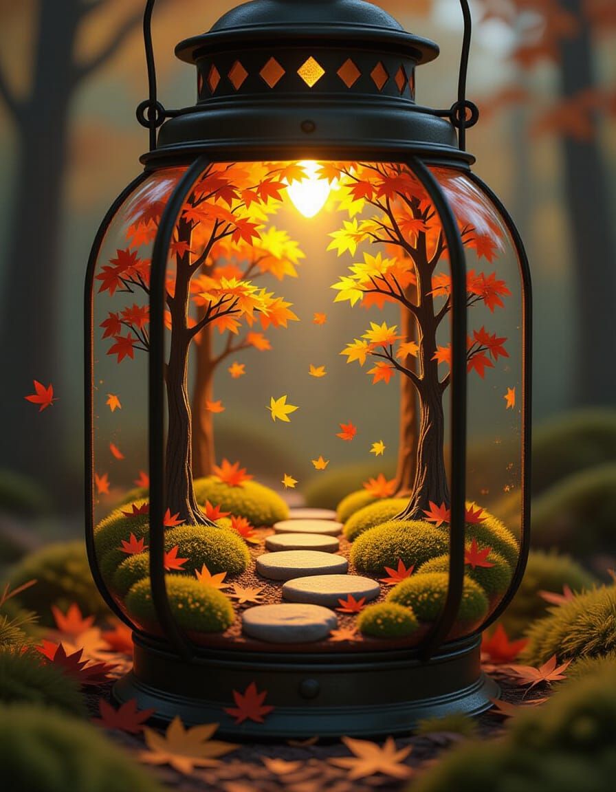 Whimsical Autumn Forest in Antique Lantern