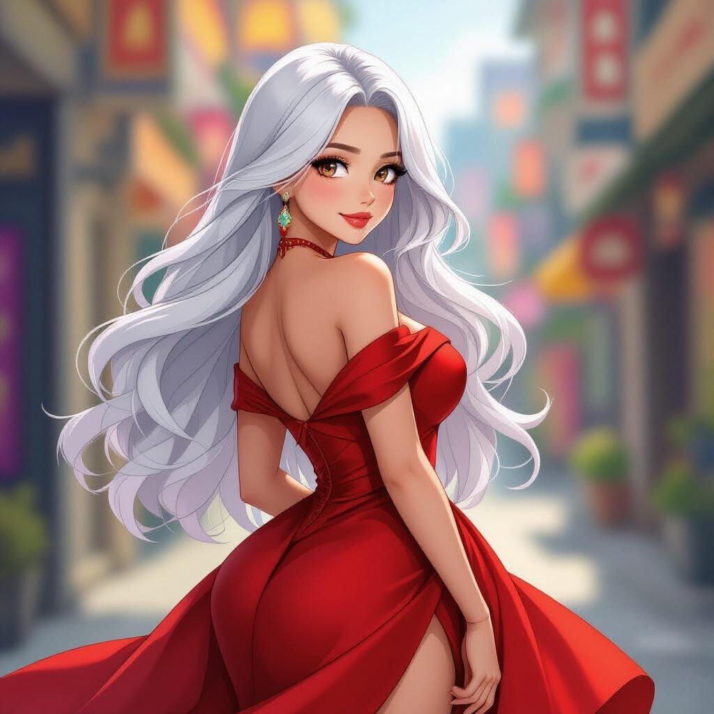 Anime Woman in Red Dress, Stylized Illustration