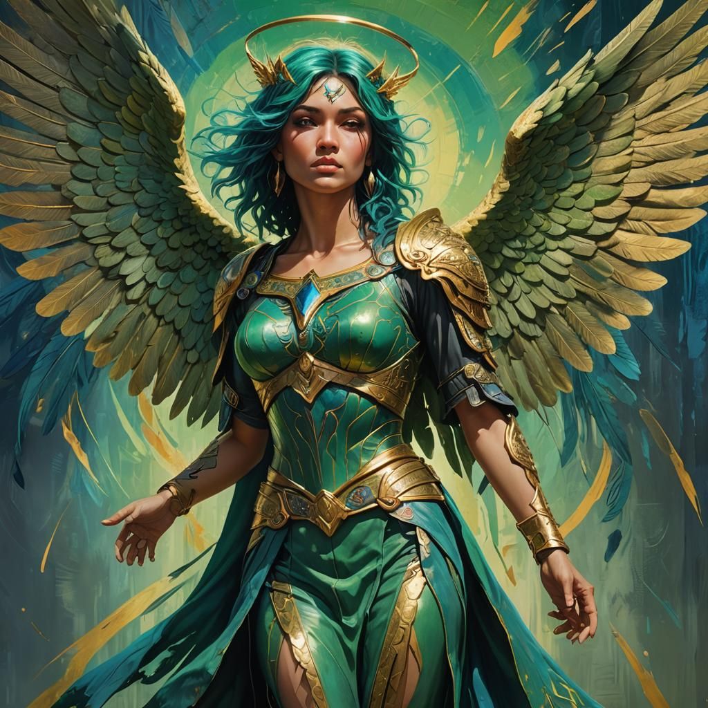 Heroic Green Haired Warrior Angel Woman