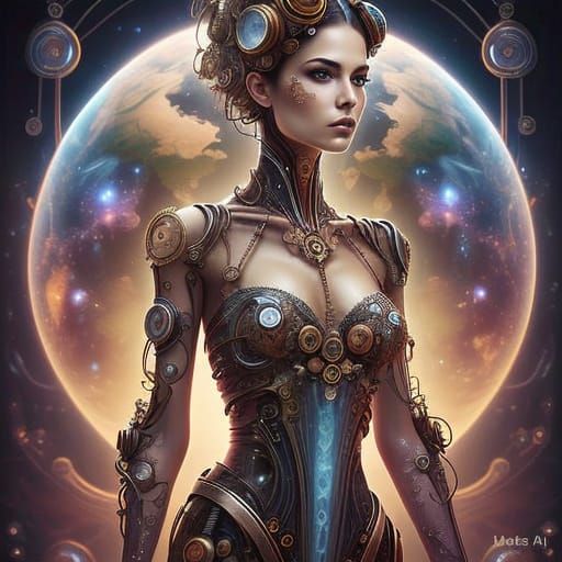 Steampunk Goddess in Dawn's Warm Light