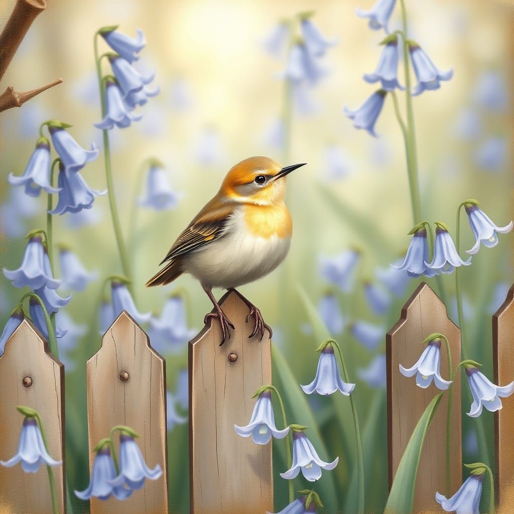 Whimsical Bird on a Picket Fence in a Bluebell Meadow