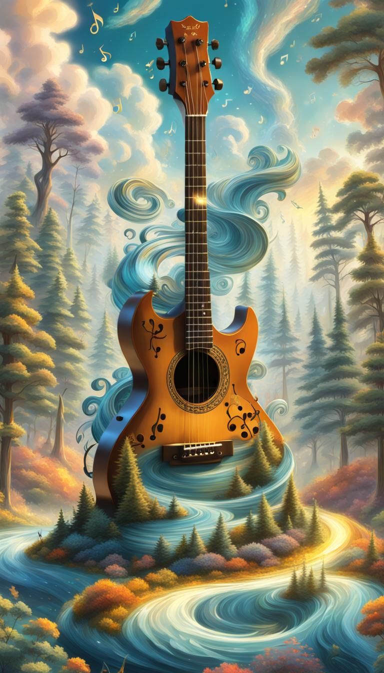 Magical Guitar Forest in Whimsical Art Style