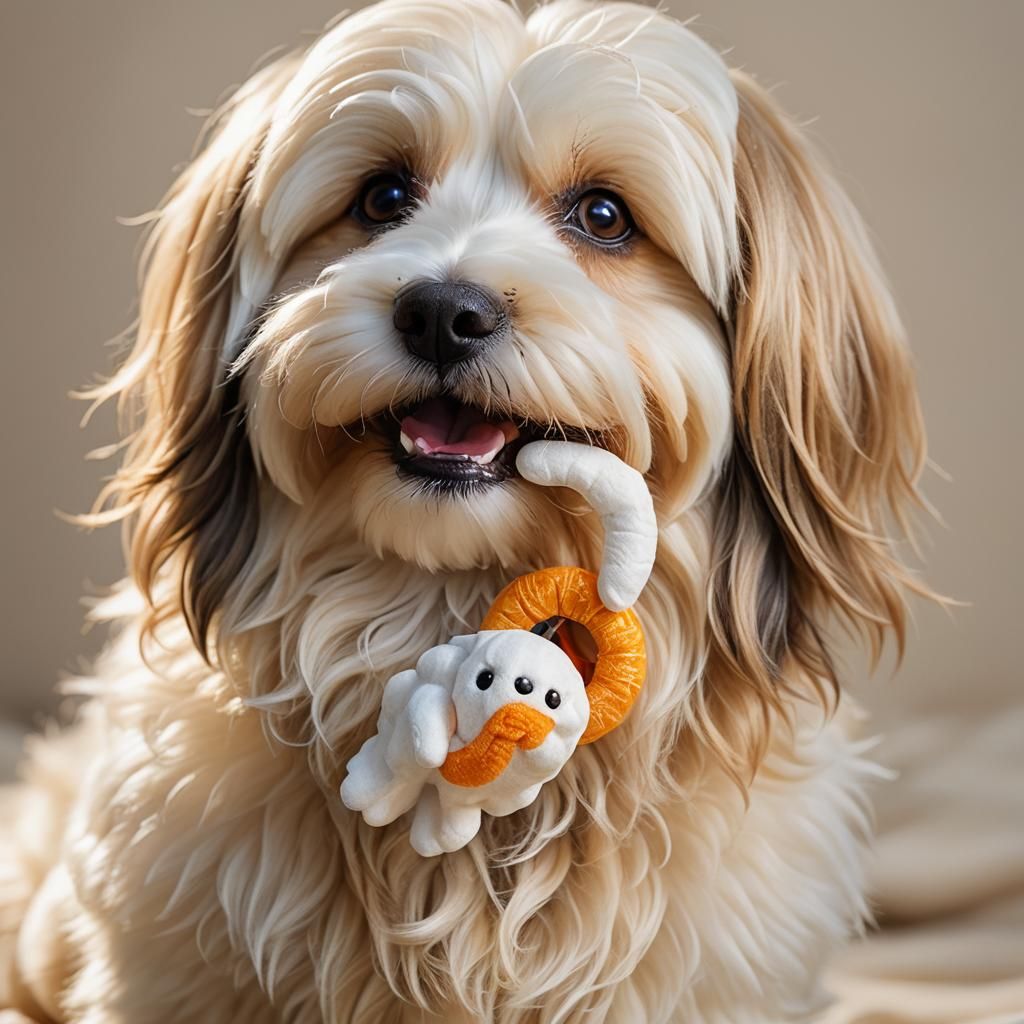 Vibrant Havanese Dog Holds Toy Ghost in a Golden Hour Glow