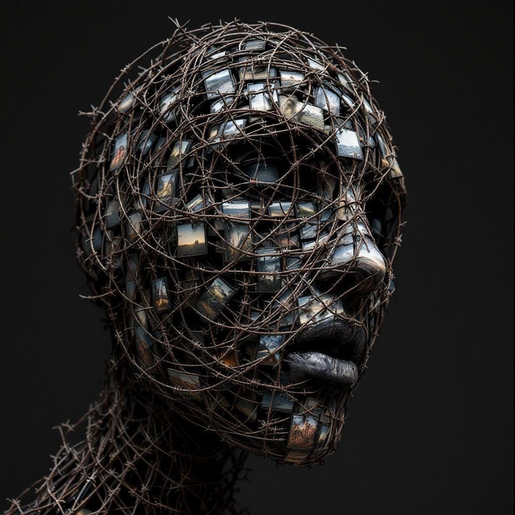 Tormented Face Sculpture from Rusted Barbed Wire