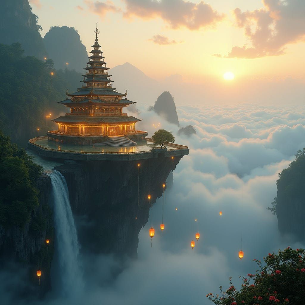 Mystical Floating Temple in Serene Atmosphere