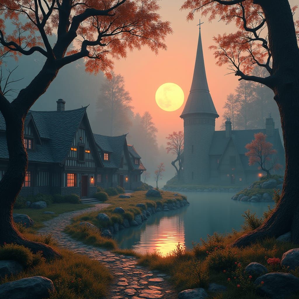 Surreal Autumn Village in Mystical Woodland