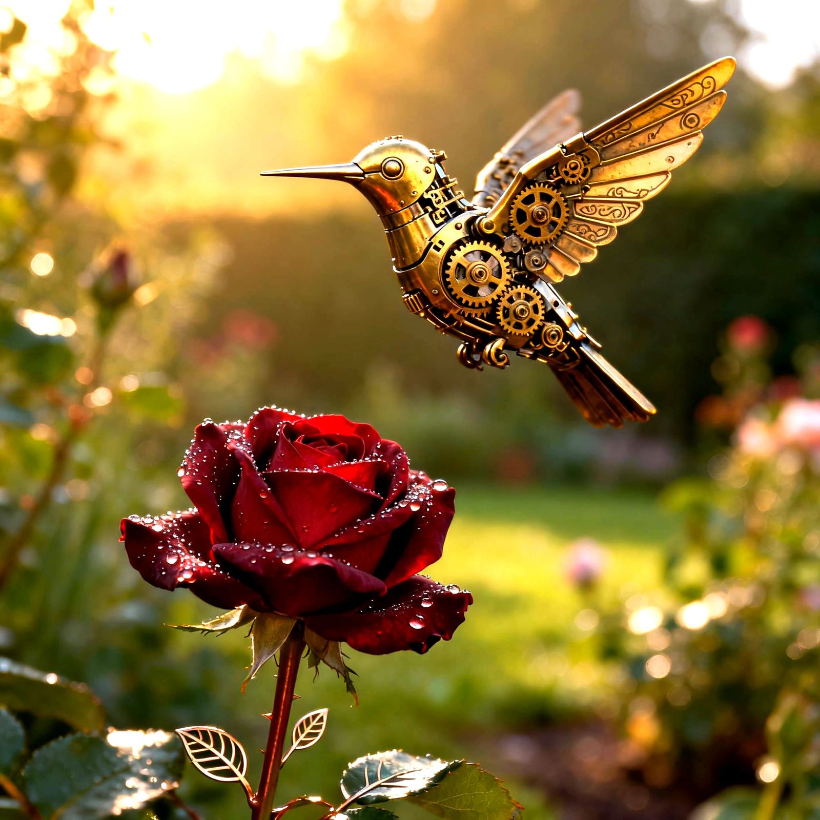 Steampunk Mechanical Hummingbird and Rose