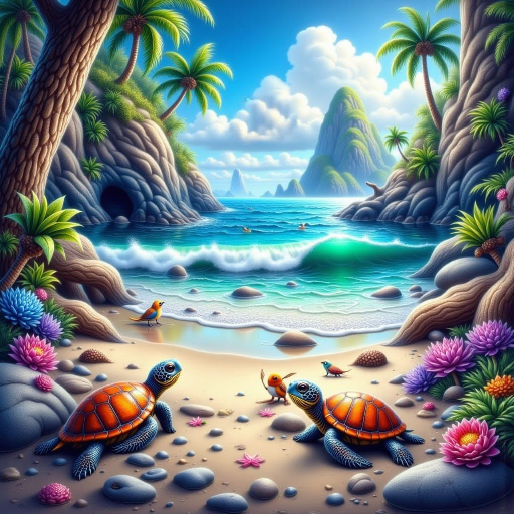 Airbrushed Beach Scene with Turtles in Vivid Colors