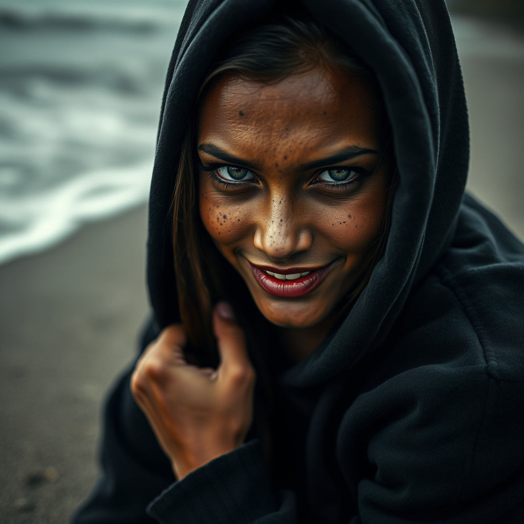 Dark Skinned Woman with Sinister Smile Captured on the Beach