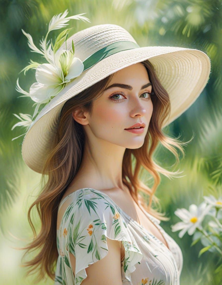 Woman in Summer Hat: Impressionist Color Pencil Art