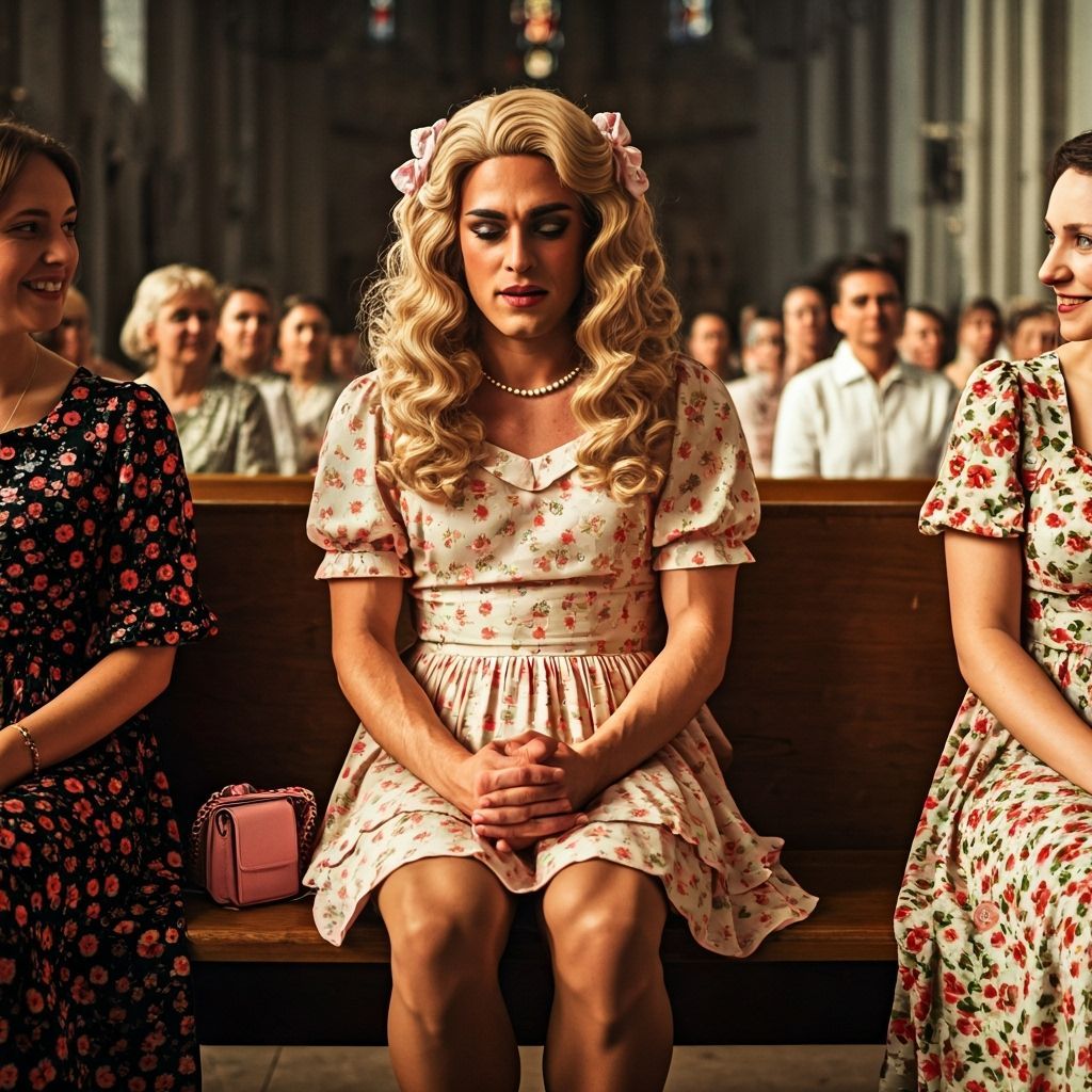 Embarrassed Young Man in 1950s Dress in Church