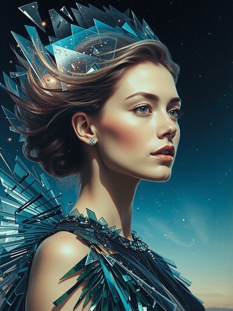 Shattered Glass Woman Reflecting Starry Sky