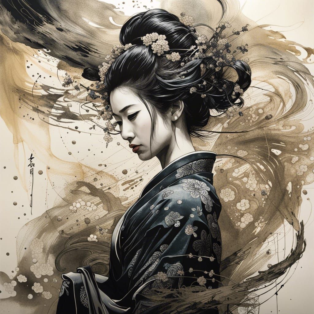Elegant Geisha Depicted in Intricate Detail