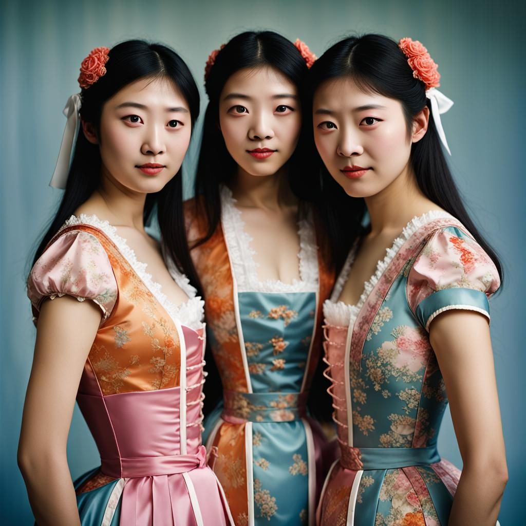Exquisite Japanese Sisters Dressed as Mikado Maids in Elegan...