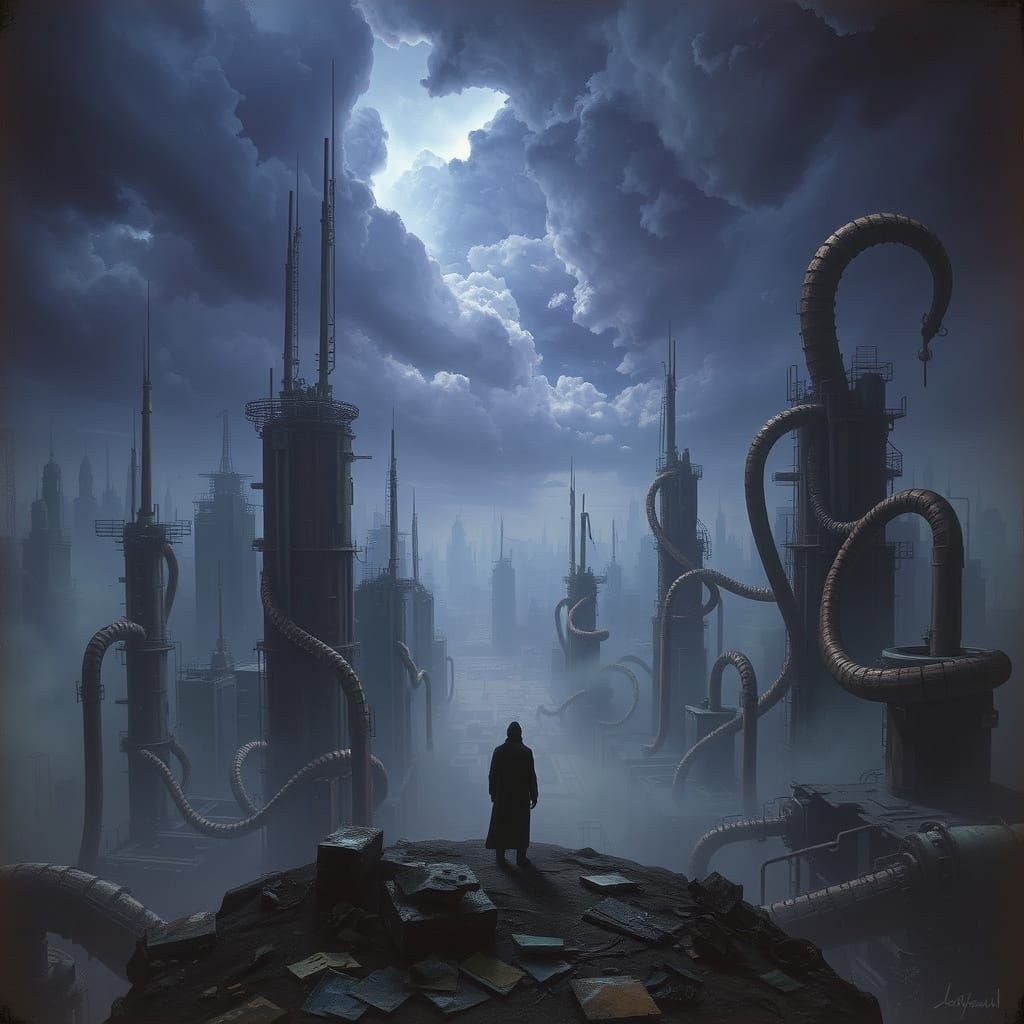 Surreal Industrial Metropolis in Dark Metallic Hues