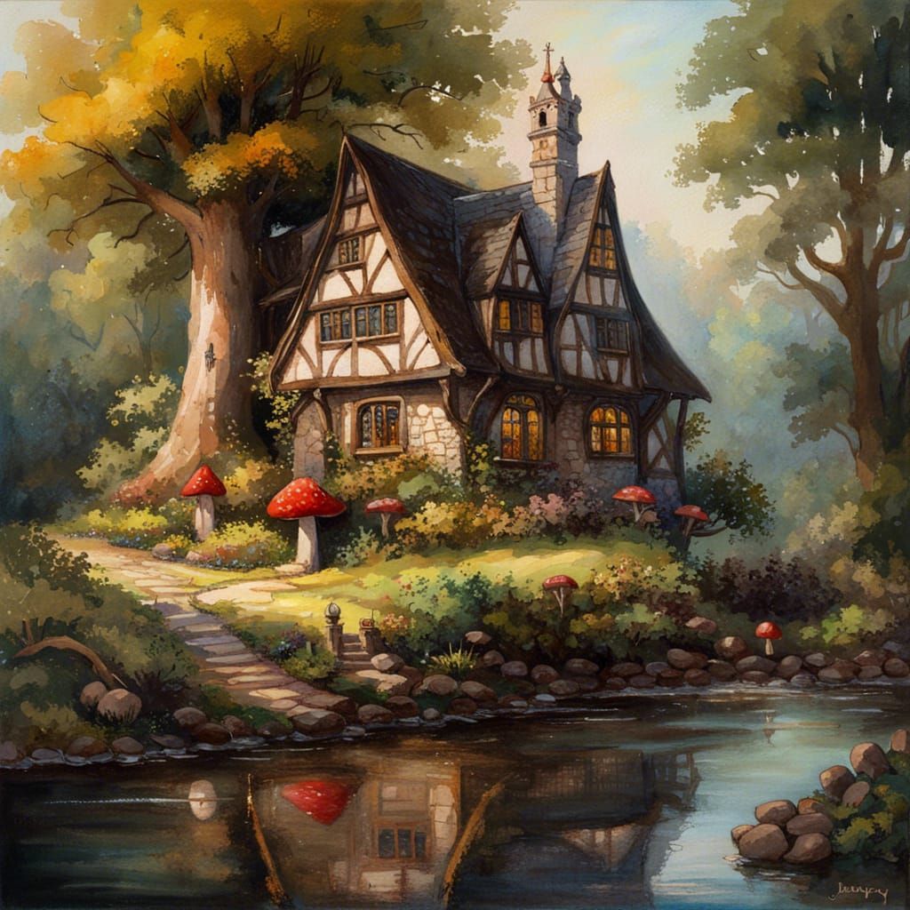 Whimsical Gothic Cottage by a Vibrant Forest