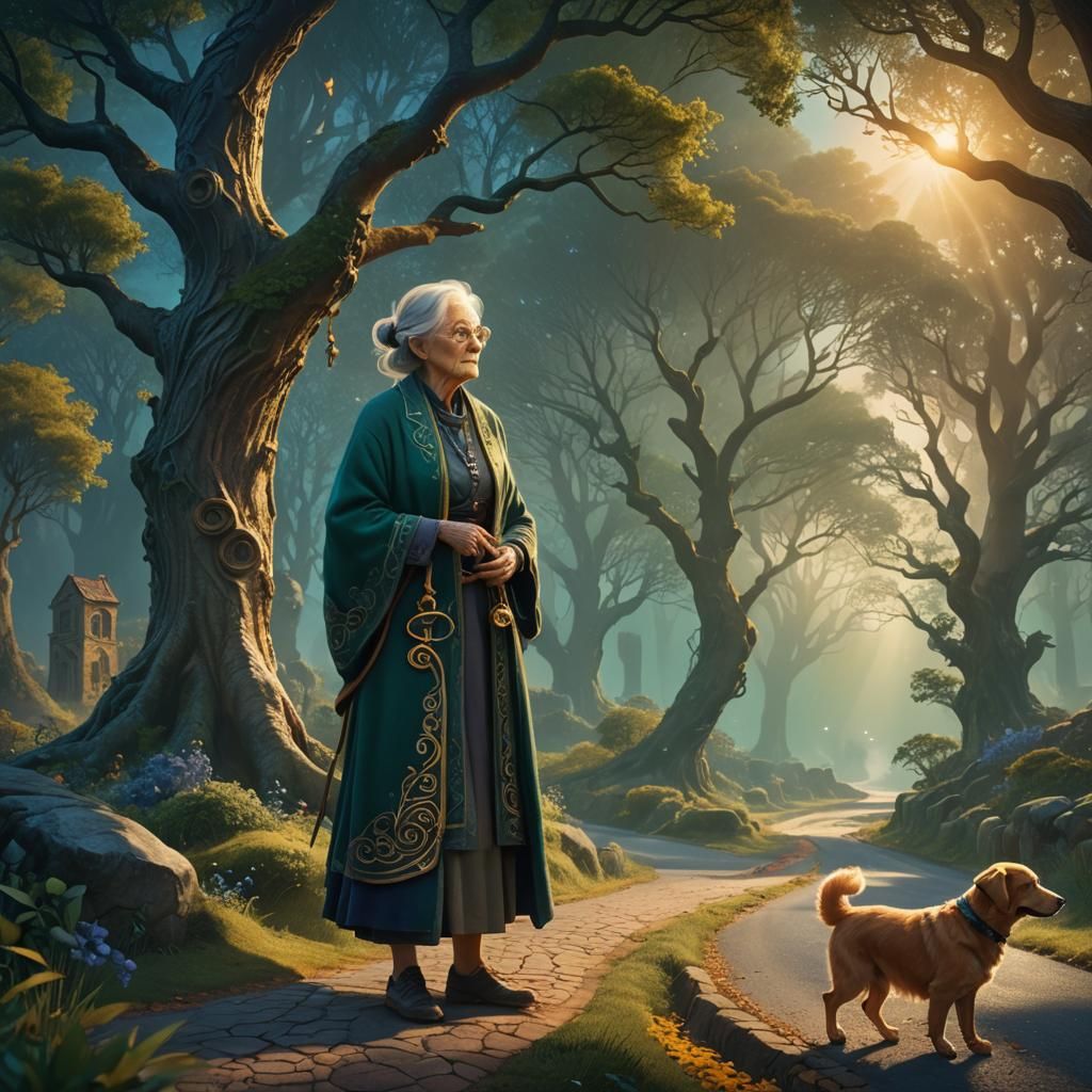 Enchanting Fantasy Roadside Encounter in Golden Light