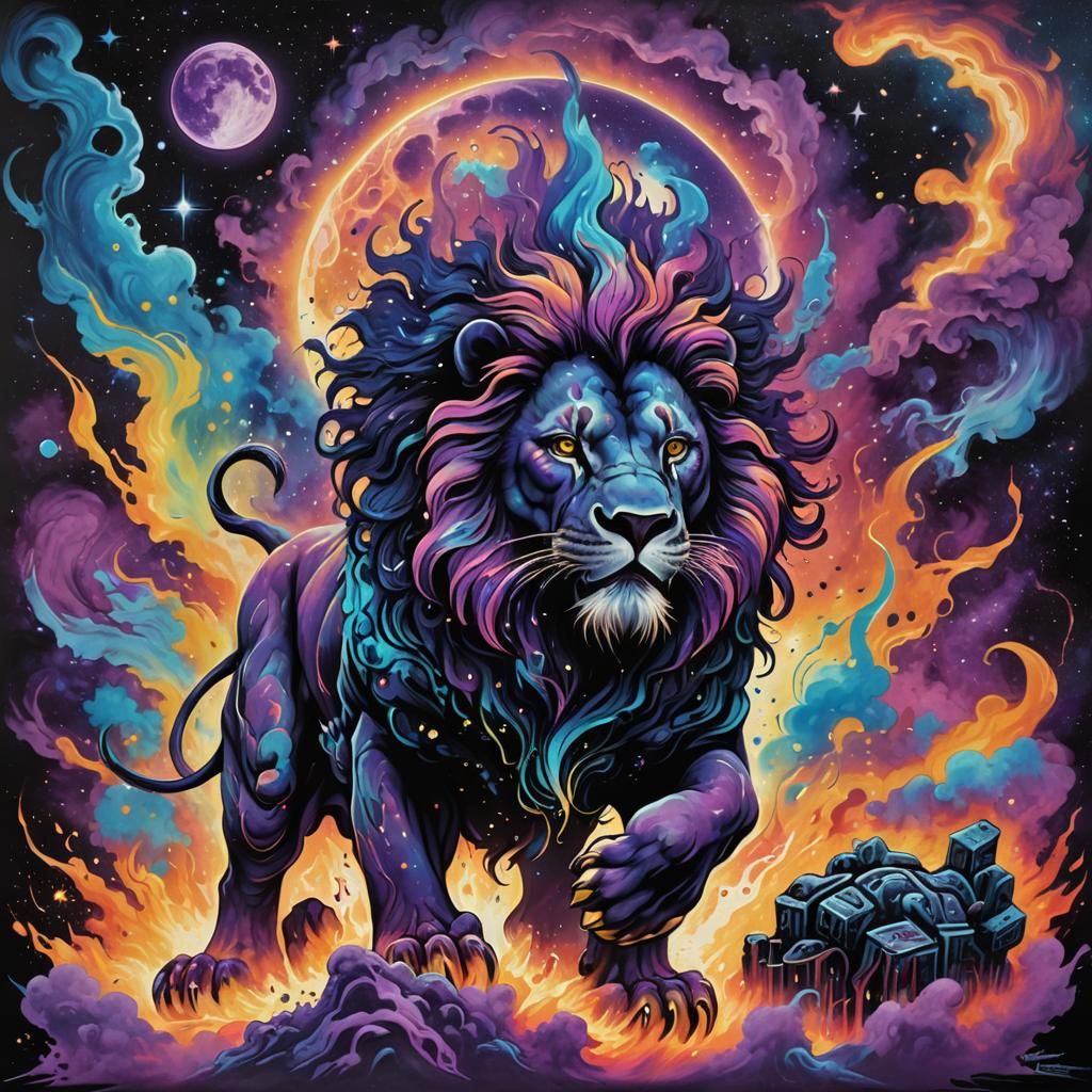 Cosmic Lion Ascends in Vibrant Neon Dawn