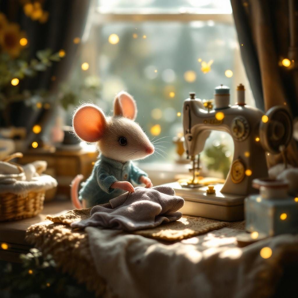 Cute Mouse Doll Sewing in Sunlit Atelier